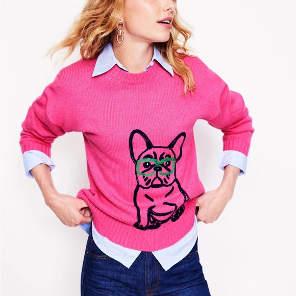 Boden Sweaters - Boden Natalie Embroidered Sweater Party Pink French Bulldog